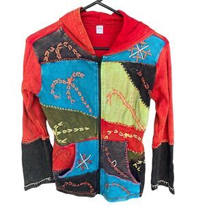 Patchwork Boho Jacket Womens Small Hippie Embroidered Full Zip Hoodie Multicolor
